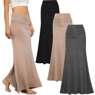 Free to Live - 3er-Pack Damen-Falt-Over-Flowy-Maxi-Röcke mit hoher Taille – Flare Style, bodenlang, Schwarz, Anthrazit, Mokka, Mittel
