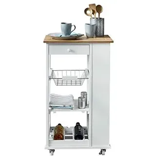 Phoenix Nizza Servierwagen mit 1 Schublade, 1 Metallkorb, 1 Ablage und 1 Flaschenhaltern, Bambus-Arbeitsplatte, Kunststoffrollen, Weiss lackiert, Weiß, 50x86x37