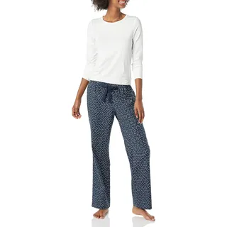 Amazon Essentials Leichte Flanellhose und langärmeliges T-Shirt für Damen (erhältlich in Übergröße), Marineblau mit Punkten, Größe L