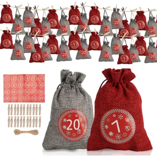 Jayseuw Adventskalender zum Befüllen 2025, 24 Stück Weihnachtskalender, Weihnachtsdeko Säckchen/Tüten, Säckchen DIY Weihnachtsdeko,Rot/Grau - Rot