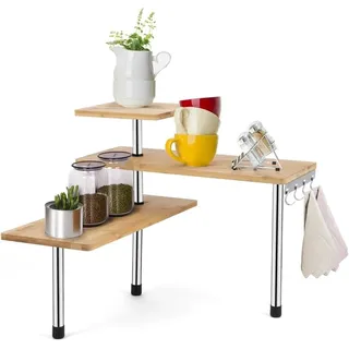 Avilia Eckregal aus Bambus mit 3 Ablagen und Stahlrahmen - Multifunktionales Gewürzregal mit Haken, ideal für Gewürze, Gewürze und Utensilien