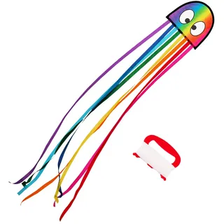 Wolkenstürmer® Mini Oktopus (Regenbogen) Kinderdrachen - Oktopus Krake Einleinerdrachen mit Handgriff & 40m Schnur - 1-Leiner Drachen & Flugspielzeug