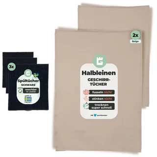 Grünschloss Halbleinen Geschirrtücher Beige & Spültücher Schwarz - Set 2X Landhaus Geschirrtuch 50x70cm (saugstark + ohne müffeln) + 3X Spüllappen Black waschbar - Küchentücher Made in EU