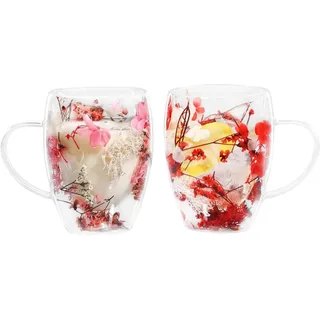 350 ml Latte Macchiato-Gläser mit Trockenblumen, doppelwandige Espressotassen, Thermogläser Cappuccinotassen - 2 Stück in Rosa und Rot