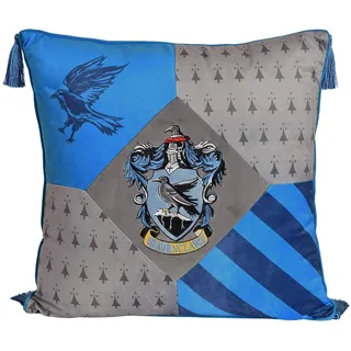 Elbenwald Harry Potter Kissen mit Quasten im Ravenclaw Design mit gesticktem Wappenpatch in den Hausfarben blau Silber 48 x 48 cm