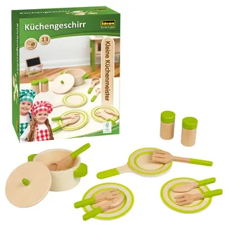 Idena 40238 - Kleine Küchenmeister Geschirr Set aus Holz, 13-teiliges Kochgeschirr für die Kinderküche, Zubehör für Spielküche und Kaufmannsladen, für Kinder ab 2 Jahren