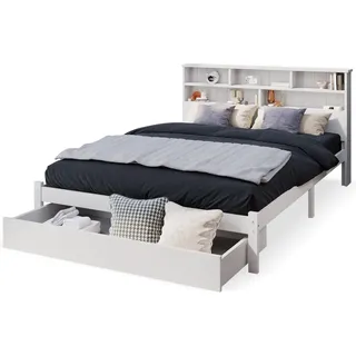Beaok Holzbett 140/200 cm in Weiß mit Kopfteil im Bücherregal-Stil und Schubladen , Holz , 140x200 cm , Schlafzimmer, Betten