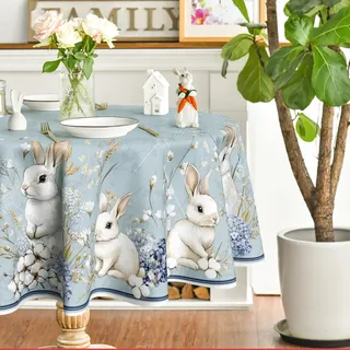 Artoid Mode Kapok Hortensien Kaninchen Hasen Ostern Tischdecke Rund 120 cm, Saisonnal Frühling Fleckschutz Tischwäsche Küche Dekoration Party Dekor