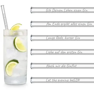 HALM Glasstrohhalme Gin Geschenkset 6 lustige Sprüche auf 20 cm Glas Strohhalmen graviert in Deutsch Glastrinkhalme als Gin Tonic Geschenk