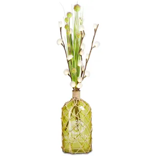 Relaxdays Deko-Flasche maritim, Bodenvase 54 cm und große Glas-Flasche mit Fischernetz Design, Jute-Kordel, Vintage Aufdruck, HBT: 54 x 26 x 26 cm, 20 L, grün-gelb