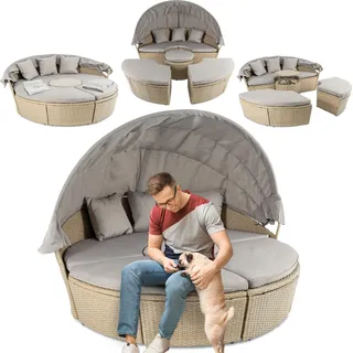 di volio Polyrattan Sonneninsel MILANO - Garteninsel mit faltbarem Sonnendach & Hocker-Tisch im exklusiven Rattan-Design inkl. eine Fleecedecke - Beige, Hellgrau