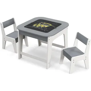 FANTASK Kindertisch mit 2 Stühlen, 3 TLG Kindersitzgruppe Holz mit Doppelseitiger Tischplatte, Grau