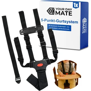 5-Punkt Gurtsystem, kompatibel mit Hochstuhl, Kinderwagen und Buggy, Schwarz, verstellbarer Gurt mit Stegschnallen und Abschnallschutz