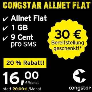 congstar Allnet Flat [SIM, Micro-SIM und Nano-SIM] monatlich kündbar (16,00 Euro/Monat, 1 GB Datenflat mit max. 21 Mbit/s, Allnet Flat in alle dt. Netze) in bester D-Netz-Qualität