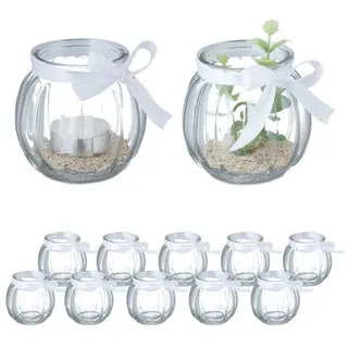 Relaxdays Windlicht, 12er Set, aus Glas, Teelichtgläser mit Schleife, innen - außen, Teelichthalter Deko, transparent