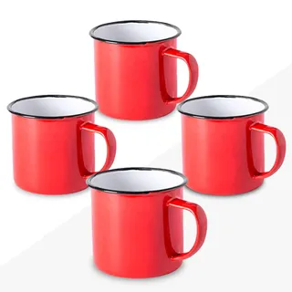 FUN FAN LINE - 4er-Set Retro-Emaillebecher aus Metall, Rot | Hohe Vintage-Frühstücksbecher mit 380ml Volumen | Originelle Tasse für Kaffee, Tee | Das perfekte Tassen-Set als Geschenkidee