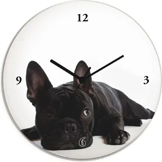ARTland Glas Wanduhr Funkuhr - schwarzer Zeiger Bulldogge Größe: 30x30 cm - Schwarz