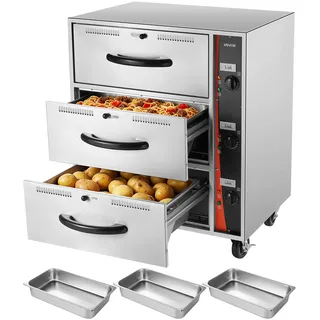 Vevor kommerzieller elektrischer Schubladenwärmer, Speisenwärmer aus Edelstahl mit 3 Schubladen, großer Temperaturbereich von 30–85 °C, für Restaurants, Hotelbuffets und Bäckereien