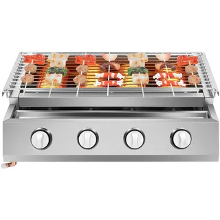 4 Brenner Gasbräter, 2800Pa LPG Edelstahl Grill Tischgrill Gas Tisch Gasgrill BBQ Gastrobräter mit Grillrost, 57x39x17,5cm Höhenverstellbar für Camping Balkon Garten