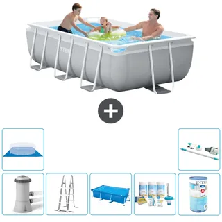Intex Rechteckiges Prisma-Rahmen-Schwimmbecken – 300 x 175 x 80 cm – Grau – inklusive Pumpe – Leiter Sonnensegel - Wartungspaket - Filter - Bodenplane - Staubsauger - Grau