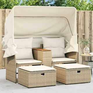 The Living Store Gartensofa 2-Sitzer mit Dach und Hockern Beige Poly Rattan - Beige