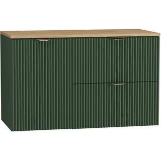 WENA Waschtischunterschrank 100 cm mit Wäschekorb, geriffelte Fronten, Griffe aus Metall in der Farbe Gold (Farbe: Salbei/Eiche Platte) - Grün