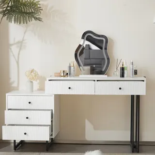 Flieks Schminktisch mit Verstallbarem LED-Spiegel, Frisiertisch mit Kommmode, Frisierkommode Schminkkommode mit Schubladen, Weiß - Weiß