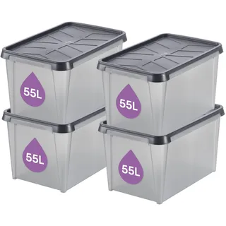 SmartStore Aufbewahrungsbox mit Deckel 55 L wasserdicht Plastik – 4er-Set – mattiert - ineinander & übereinander stapelbar - lebensmittelecht & BPA-frei – IP44 – L60 x B40 x H35 cm 10 Jahre Garantie