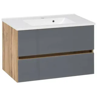 Held Waschtischkombi , Grau, Eichefarben , Holzwerkstoff , 2 Schubladen , 80 cm , Made in Germany , hängend , Badezimmer, Waschbecken & Armaturen, Waschtische