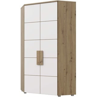 Forte ARKINA Eckschrank 95 100, Eckkleiderschrank, Drehtürenschrank Skandinavisch, 2-türig mit Einlegeböden und Kleiderstange, Weiß / Holzdekor: Artisan Eiche, 97 cm breit x 197 cm hoch x 97 cm tief