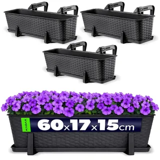 KADAX Blumenkasten 60 cm 3er Set Balkonkasten – Kunststoff Pflanzkasten für Balkon & Garten, Anthrazit, Wetterfest & Stabil, Ideal für Blumen & Kräuter