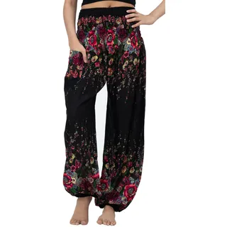 B BANGKOK PANTS Haremshose Schlaghose Damen Yoga Boho Kleidung mit Taschen, Black floral, Einheitsgröße