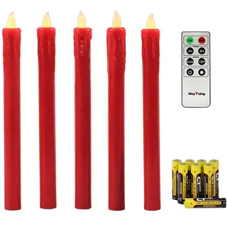 Rhytsing 5 flammenlose Led Stabkerzen Tafelkerzen Rot mit Timer Funktion, Druckknopf, Warmweißes Licht, 25cm, Fernbedienung und Batterien enthalten