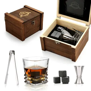 Whiskey-Steine-Geschenkset, Whiskeyglas und Steine, Granit kühlende Whiskey Rocks, Scotch Bourbon Glas Geschenk-Box-Set, beste Trinkgeschenke für Männer Papa Ehemann Geburtstag Party Urlaub Geschenk
