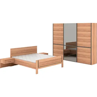 Musterring Schlafzimmer-Set »Sorrent, Kleiderschrank, Bett & Nachtkommoden, teilmassiv Eiche« 2er-Set Nachtschränke, Schwebetürenschrank 300 cm, Bett 180x200 cm, mit Schwebetürenschrank, Bett mit Stollenfuß, Breite Schrank 300 cm, braun
