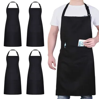 4 Stück Kochschürzen, Wasserdicht Schwarz Schürze Gastro für Männer Frauen | Verstellbare Küchenschürze mit 2 Taschen, Professionelle Schürzen für Küche, Kochen, Backen, Garten, Restaurant, Grillen, BBQ