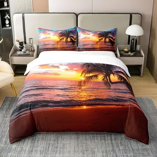 Palmen 100% Baumwolle Bettbezug 220x240 Ozean Strand Tröster Abdeckung Sonnenuntergang Hawaii Tropische Blätter Meer Welle Küste Bettwäsche Set Mediterrane Landschaft Quilt Cover mit 2 Kissenbezüge