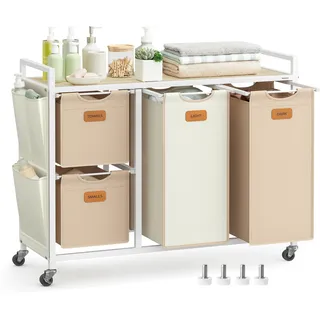 VASAGLE Wäschekorb, Wäschesammler, Wäschesortierer, Rollen, Wäschewagen mit Ablage, kleine seitliche Taschen, 6 Etiketten, 4 Fächer, 150 L, naturbeige-kamelbraun-cremeweiß BLH203N01