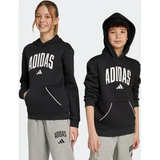 Kapuzensweatshirt ADIDAS SPORTSWEAR "SEASONALS ESSENTIALS COLLEGIATE TYPOGRAPHY KIDS HOODIE", Kinder, Gr. 152, schwarz-weiß (schwarz, weiß), Obermaterial: 55% Baumwolle, 36% Polyester, 9% Viskose, normal, Rundhals, angesetztes Bündchen, Sweatshirts Kapuzensweatshirt