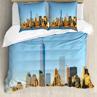 ABAKUHAUS Landschaft Bettbezug, New York City Skyline, Milbensicher Allergiker geeignet mit Kissenbezügen, 200 cm x 200 cm - 80 x 80 cm, Pale Blau Orange - Blau