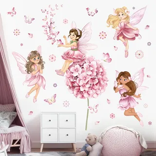 decalmile Wandtattoo Rosa Feen Elfen Schwingen Wandsticker Mädchen fee Blume Blüten Schmetterlinge Wandaufkleber Kinderzimmer Babyzimmer Mädchenzimmer Wanddeko