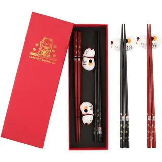PENCHUAN Sushi Essstäbchen Set Katze 2 Paar mit Inklusive Keramik, Holz Essstäbchen Wiederverwendbare, Unterleger in Passenden Geschenkbox Nachhaltig Japanisch Chinesisch Koreanisch Taiwanesisch