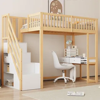 Flieks Etagenbett 90x200cm mit Rausfallschutz, Hochbett mit Schreibtisch, Kinderbett Einzelbett Holzbett mit Schubladen, Stockbett mit Treppe, Holz - Naturbelassen