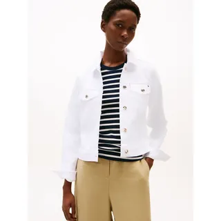 Jeansjacke TOMMY HILFIGER "DNM SLIM JACKET WHITE", Damen, Gr. 46, weiß (optic weiß), Denim/Jeans, Obermaterial: 99% Baumwolle, 1% Elasthan, unifarben, slim fit kurz, 1-Knopf-Manschette, Jacken Jeansjacke, mit vielseitigem Design