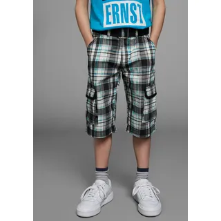 Shorts KIDSWORLD "2tlg. Bermudas mit Gürtel, Karierte Cargo-Bermudas", Jungen, Gr. 182, N-Gr, bunt (anthrazit, türkis, kariert), Twill, Obermaterial: 100% Baumwolle, kariert, Basic, Hosen Shorts, mit Textilgürtel