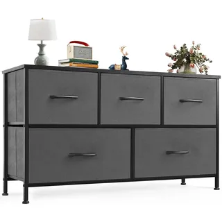 Sweetcrispy Kommode,Sideboard Wohnzimmer für Schlafzimmer mit 5 Stoffschubladen,Einstellbare Füße Schubladenschrank,Komodenschrank für Schlafzimmer,Modernes Grau