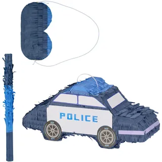 Relaxdays Pinata Polizei, mit Stab & Maske, Partypinata Kinder, Geburtstag, zum Befüllen, HxBxT: 22 x 50 x 16 cm, blau