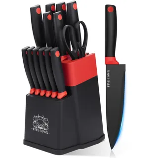 FIVE COWS Messerblock Set, mit 14-teilige, Küchenmesser Set, mit Selbstschärfender Messerblock, mit steakmesser und Schere, Schwarze Beschichtung verhindert Oxidation, professionelles Set für Zuhause
