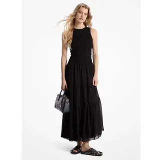 Michael Kors für Damen. MS582VF7R3 Schwarzes Kleid aus gerafftem Georgette mit Trägern (M), Lässig, Polyester, Ärmellos / Hosenträger