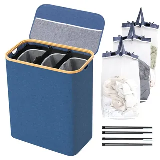 BRIAN & DANY Wäschekorb 3 Fächer mit Deckel Wäschesammler Wäsche Sortiersystem Herausnehmbaren Wasserabweisender Faltbarer Wäschebox Schmal Laundry Basket 145L für die Familie XXL Blau